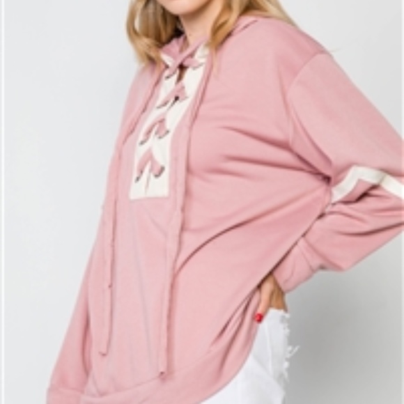 Tops - PINK HOODIE WITH LACE UP FRONT